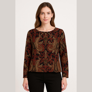 3/$10 MARINA Vintage Elegant Red and Black Paisley Long Sleeve